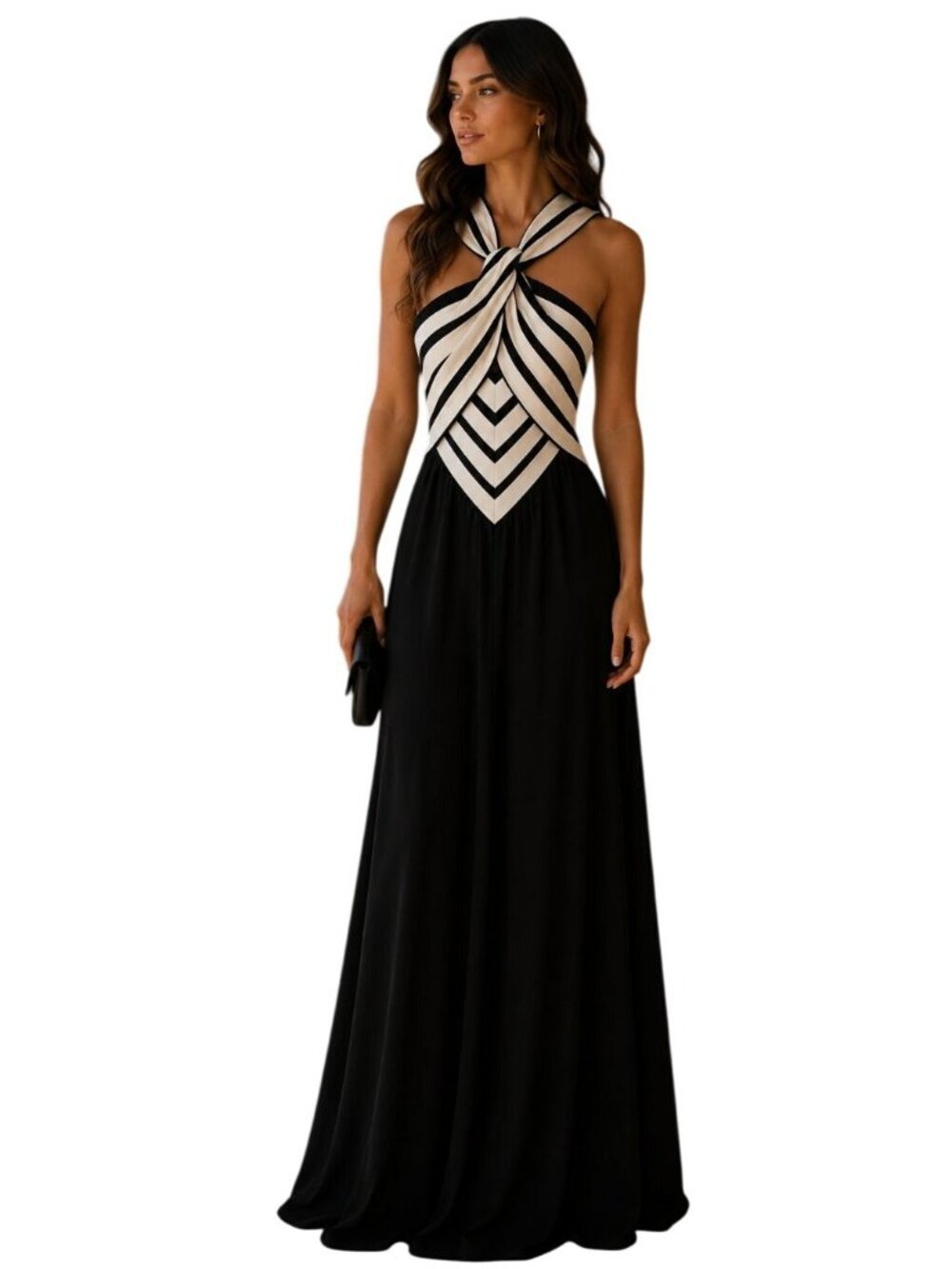 Zimmermann Natura Black & White Striped Chevron Halter Neck Maxi Dress - Size 6